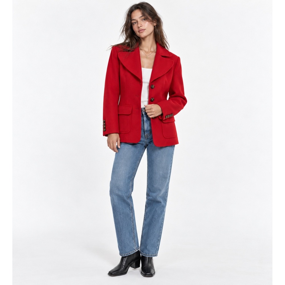 Talbots Petites Red 100% Wool Blazer Jacket Size 12P Wide Lapel Three Button